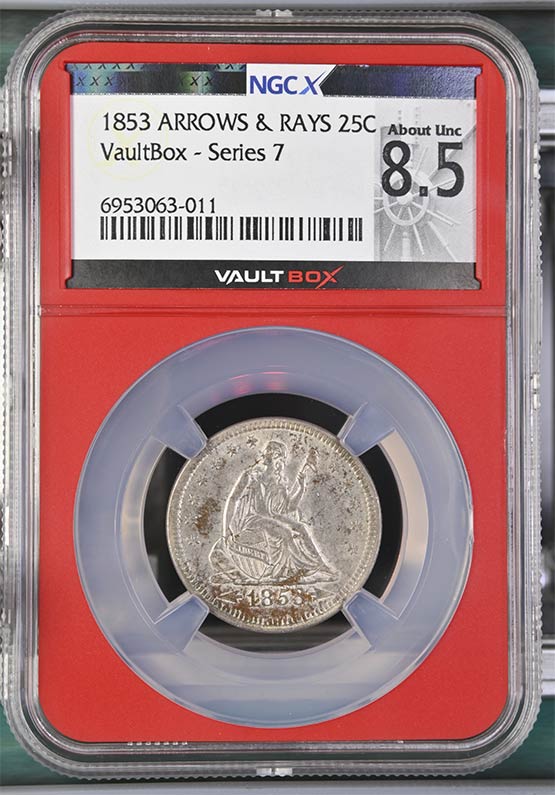 1853 Arrows and Rays Seated Liberty Quarter NGCX About Uncirculated 8.5 Front
