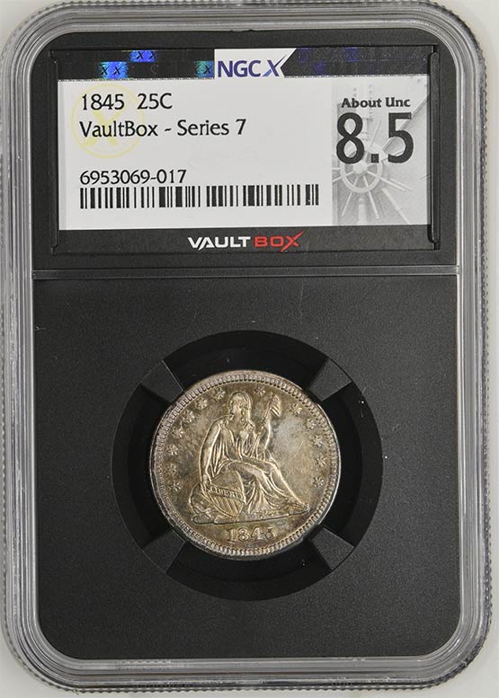 1845 Seated Liberty Quarter NGCX About Uncirculated 8.5 Front
