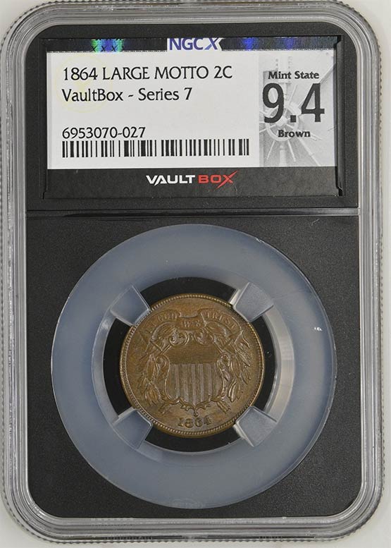1864 Large Motto Two Cent Piece NGCX Mint State 9.4 Brown Front