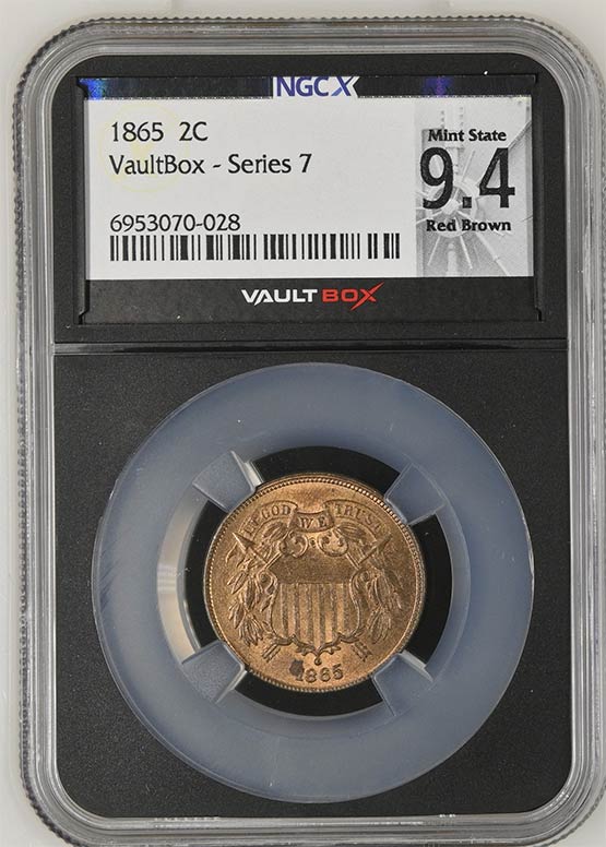 1865 Two Cent Piece NGCX Mint State 9.4 Red Brown Front