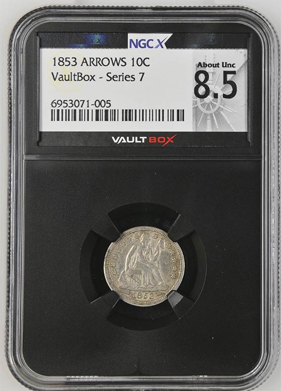 1853 Arrows Seated Liberty Dime NGCX About Uncirculated 8.5 Front