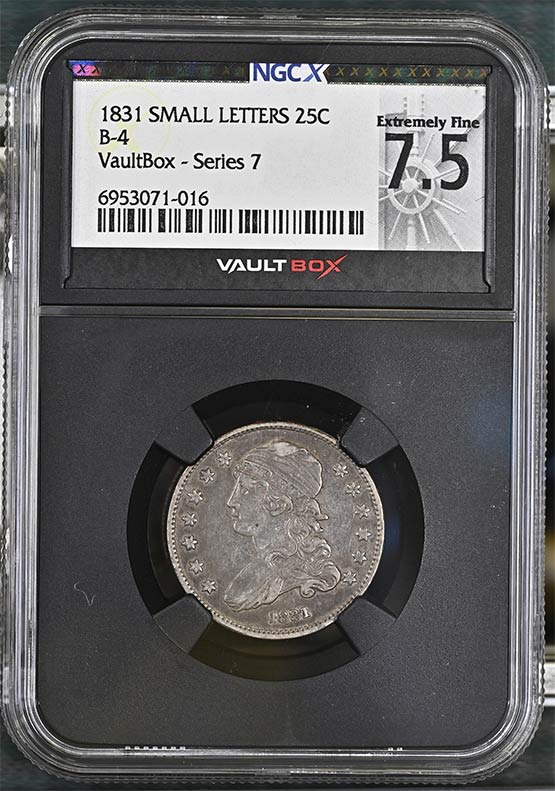 1831 Small Letters Capped Bust Quarter NGCX Extremely Fine 7.5 Front