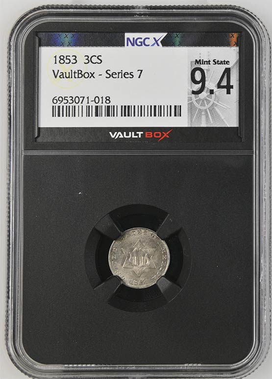 1853 Three Cent Silver NGCX Mint State 9.4 Front