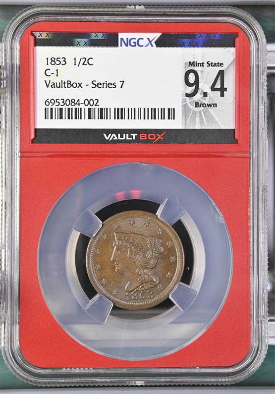 1853 C-1 Braided Hair Half Cent NGCX Mint State 9.4 Brown Front