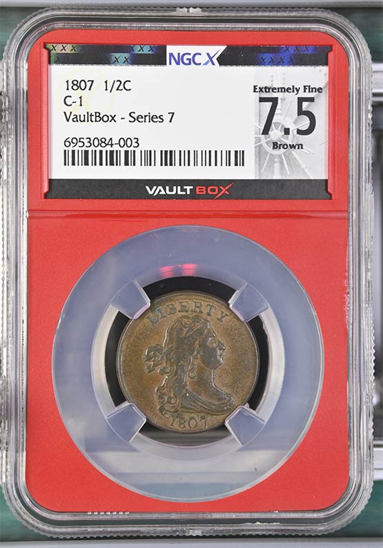 1807 C-1 Draped Bust Half Cent NGCX Extremely Fine 7.5 Brown Front