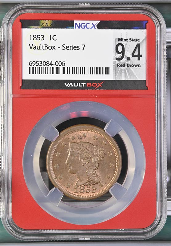 1853 Braided Hair Cent NGCX Mint State 9.4 Red Brown Front