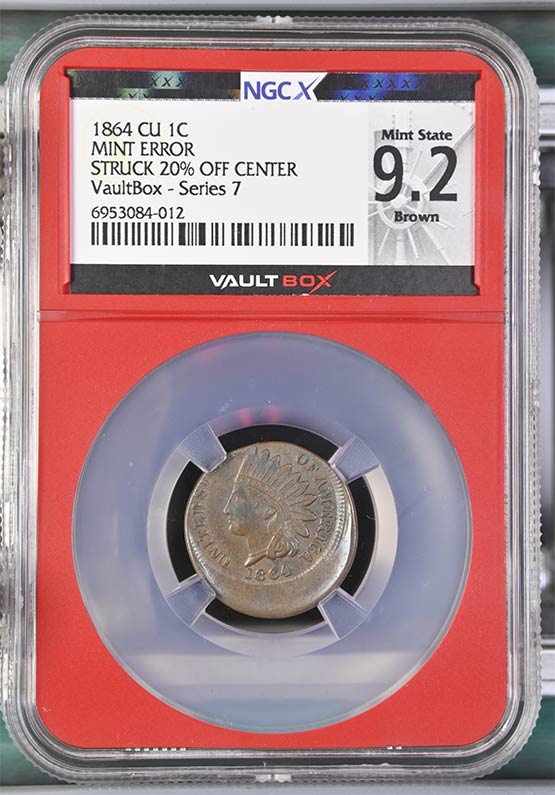 1864 CU Indian Head Cent Struck 20% Off Center NGCX Mint Error Mint State 9.2 Brown Front