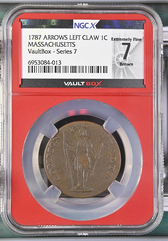 1787 Arrows Left Claw Massachusetts Colonial Cent NGCX Extremely Fine 7 Brown Front