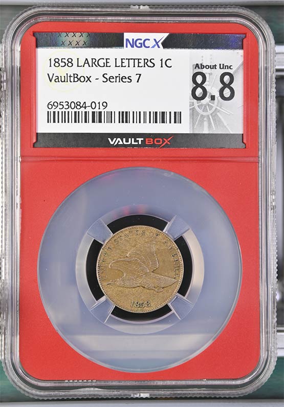 1858 Large Letters Flying Eagle Cent NGCX About Uncirculated 8.8 Front