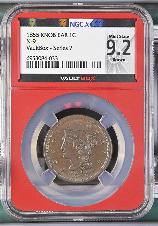 1855 Knob Ear N-9 Braided Hair Cent NGCX Mint State 9.2 Brown Front