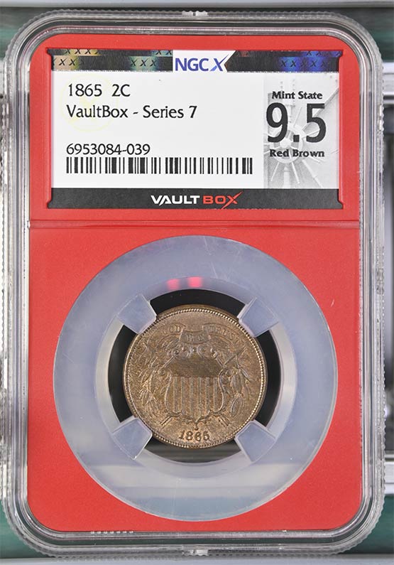 1865 Two Cent Piece NGCX Mint State 9.5 Red Brown Front
