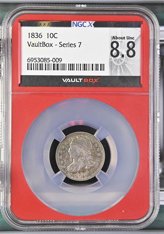 1836 Capped Bust Dime NGCX About Uncirculated 8.8 Front