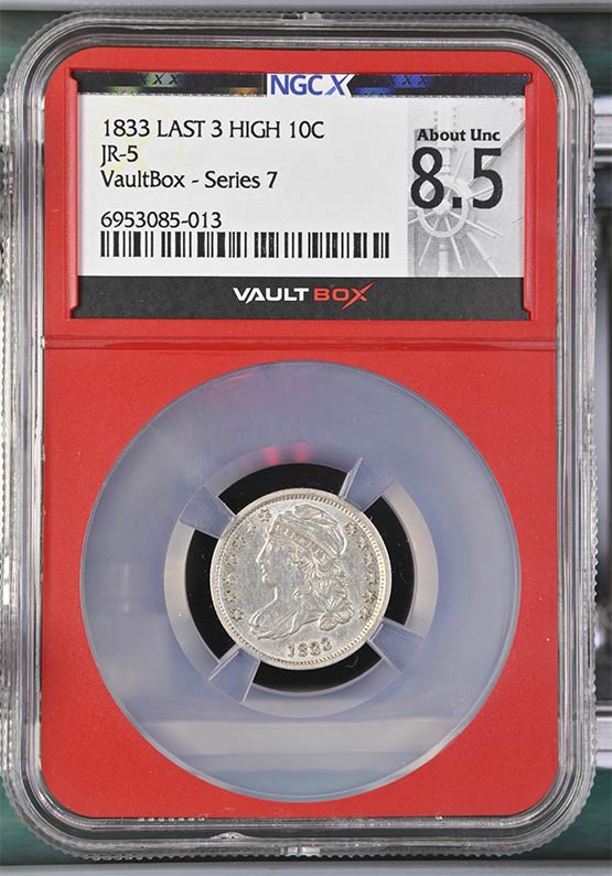 1833 Last 3 High JR-5 Capped Bust Dime NGCX About Uncirculated 8.5 Front
