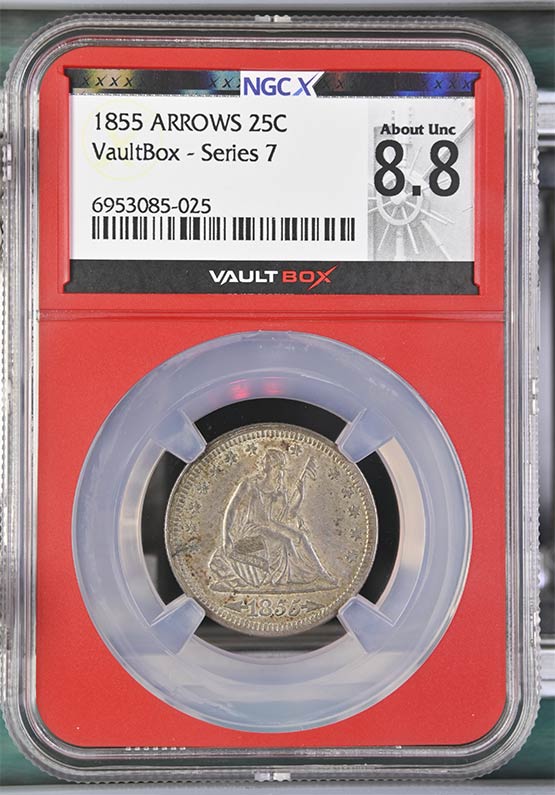 1855 Arrows Liberty Seated Quarter NGCX About Uncirculated 8.8 Front