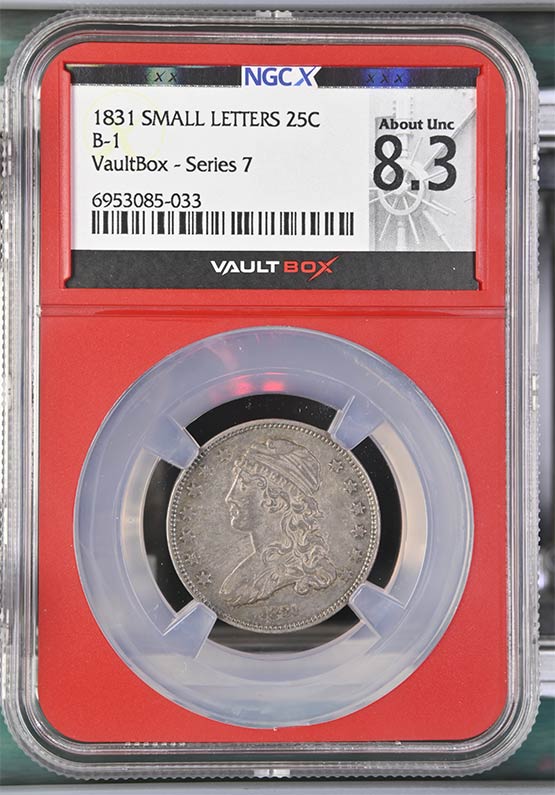 1831 Small Letters Capped Bust Quarter NGCX About Uncirculated 8.3 Front