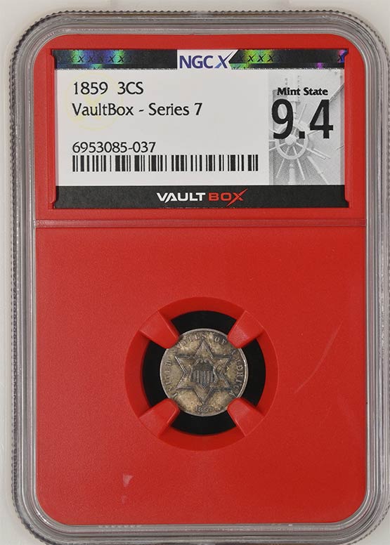 1859 Three Cent Silver NGCX Mint State 9.4 Front