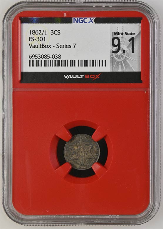 1862/1 FS-301 Three Cent Silver NGCX Mint State 9.1 Front