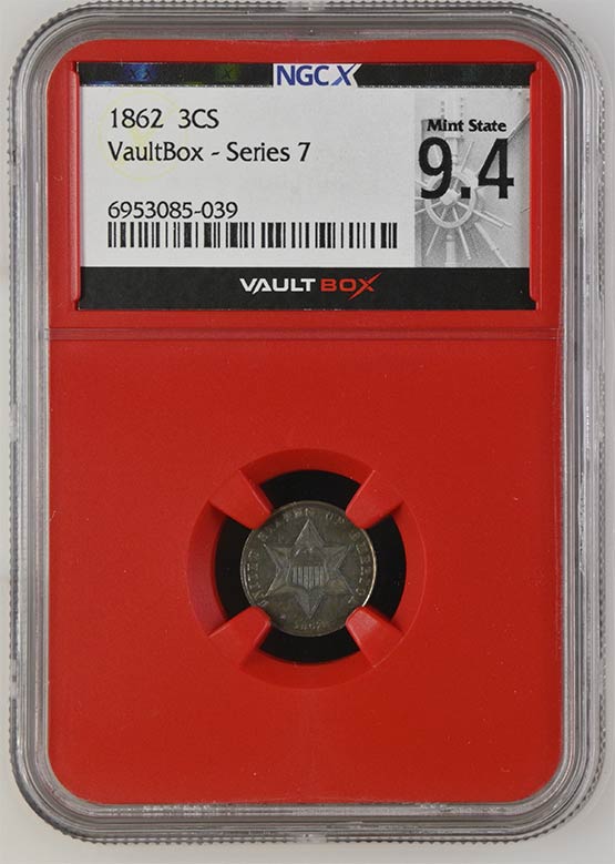 1862 Three Cent Silver NGCX Mint State 9.4 Front