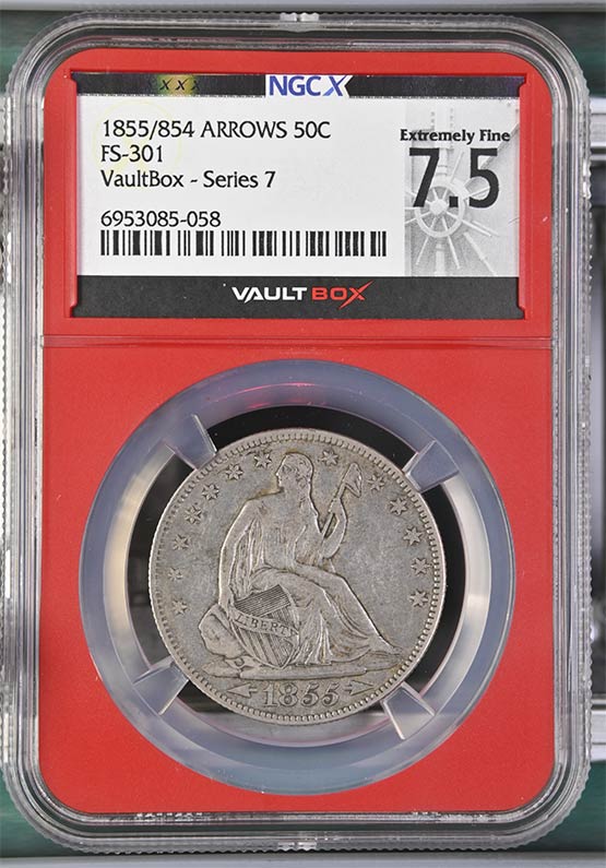 1855/854 Arrows FS-301 Liberty Seated Half Dollar NGCX Extremely Fine 7.5 Front