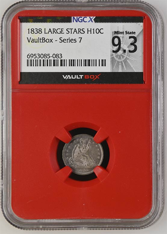 1838 Large Stars Seated Liberty Half Dime NGCX Mint State 9.3 Front