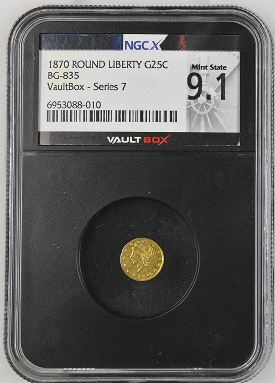 1870 Round Liberty BG-835 25C California Fractional Gold NGC Mint State 9.1 Front