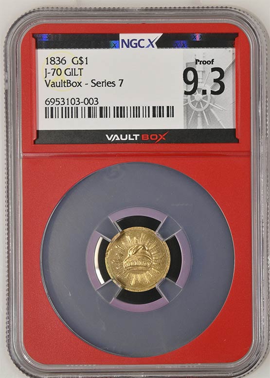 1836 J-70 Gold Dollar Pattern in Gilt Copper NGCX Proof 9.3 Front
