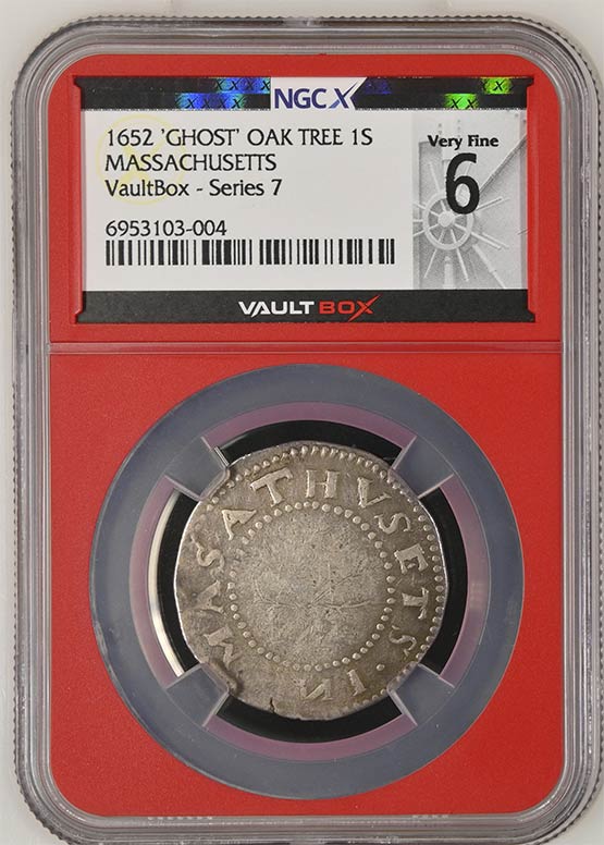 1652 'Ghost Oak Tree' 1 Shilling Massachusetts Colonial NGCX Very Fine 6 Front