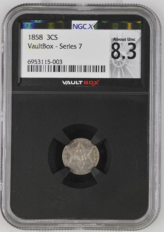 1858 Three Cent Silver NGCX About Uncirculated 8.3 Front
