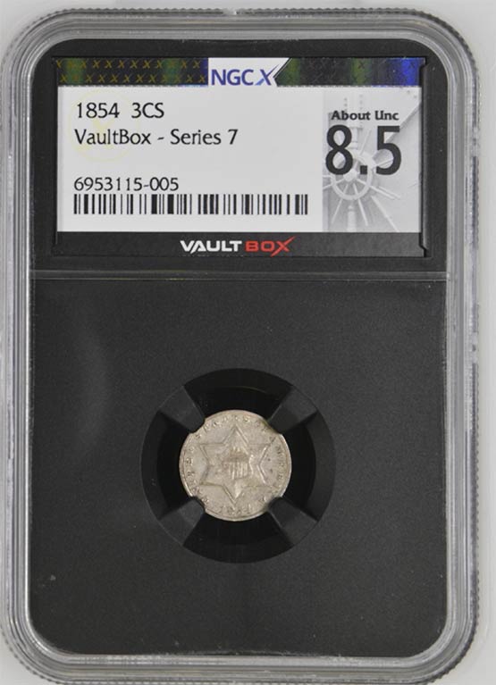 1854 Three Cent Silver NGCX About Uncirculated 8.5 Front