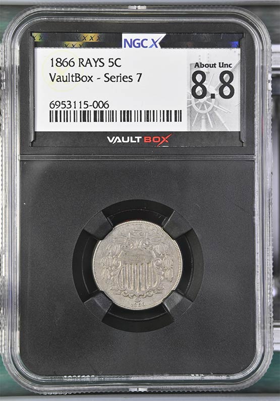 1866 Rays Shield Nickel NGCX About Uncirculated 8.8 Front