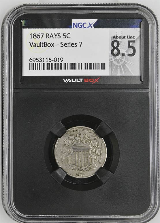 1867 Rays Shield Nickel NGCX About Uncirculated 8.5 Front
