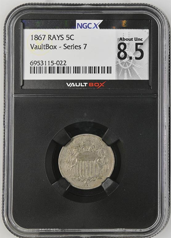1867 Rays Shield Nickel NGCX About Uncirculated 8.5 Front