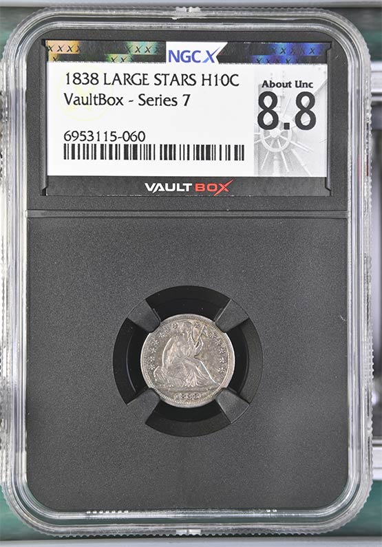 1838 Large Stars Seated Liberty Half Dime NGCX About Uncirculated 8.8 Front