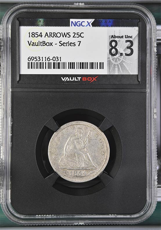 1854 Arrows Liberty Seated Quarter NGCX About Uncirculated 8.3 Front