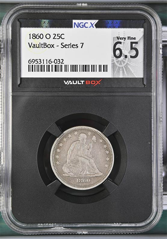 1860-O Liberty Seated Quarter NGCX Very Fine 6.5 Front