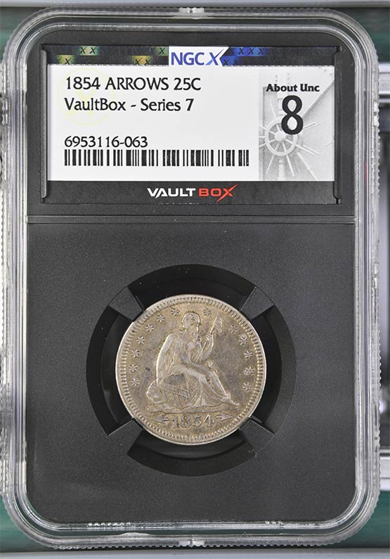 1854 Arrows Liberty Seated Quarter NGCX About Uncirculated 8 Front