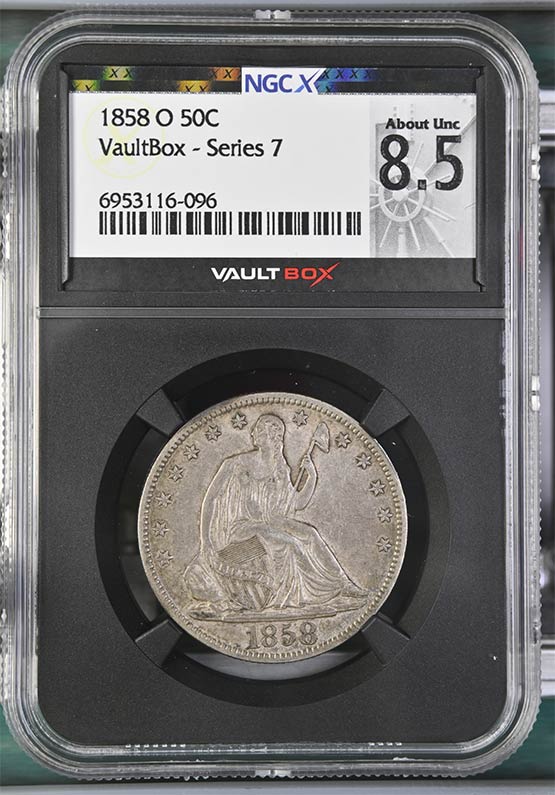 1858-O Liberty Seated Half Dollar NGCX About Uncirculated 8.5 Front