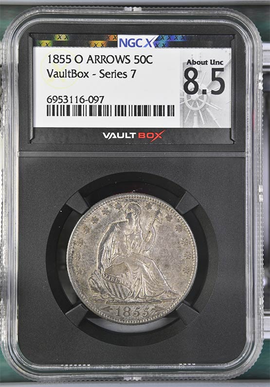 1855-O Arrows Liberty Seated Half Dollar NGCX About Uncirculated 8.5 Front