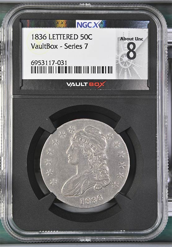 1836 Lettered Edge Capped Bust Half Dollar NGCX About Uncirculated 8 Front