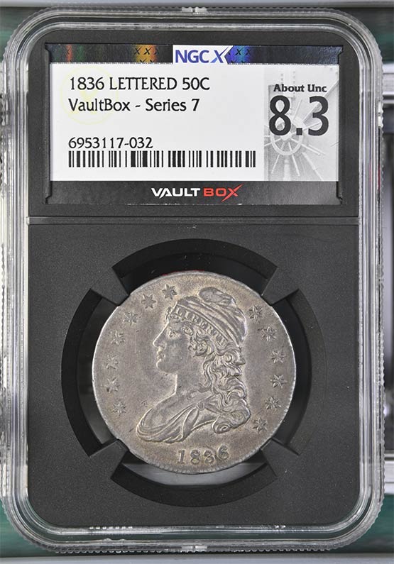 1836 Lettered Edge Capped Bust Half Dollar NGCX About Uncirculated 8.3 Front