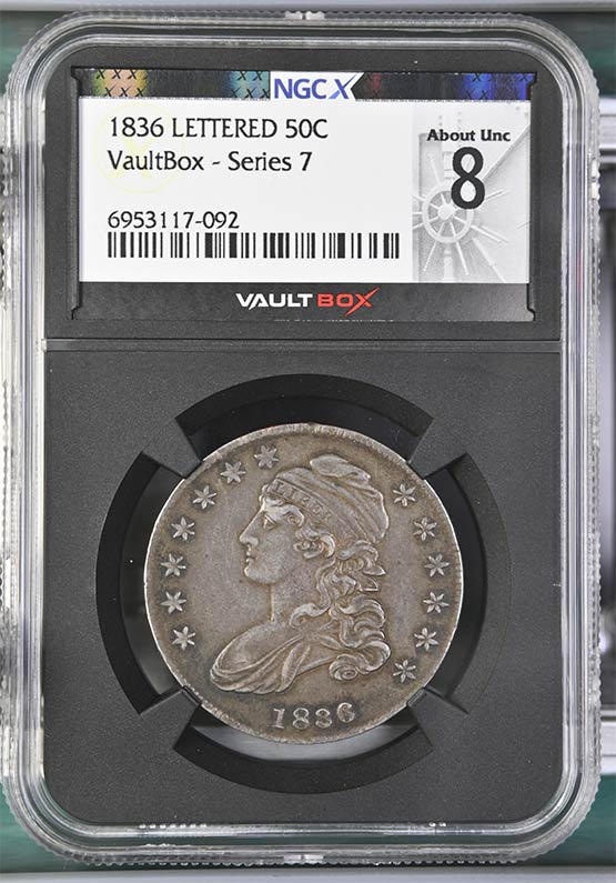 1836 Lettered Edge Capped Bust Half Dollar NGCX About Uncirculated 8 Front