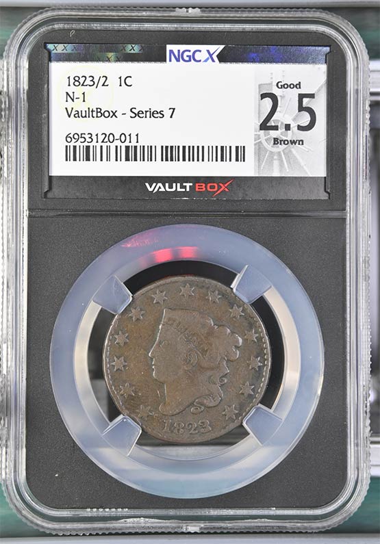 1823/2 N-1 Coronet Head Cent NGCX Good 2.5 Brown Front