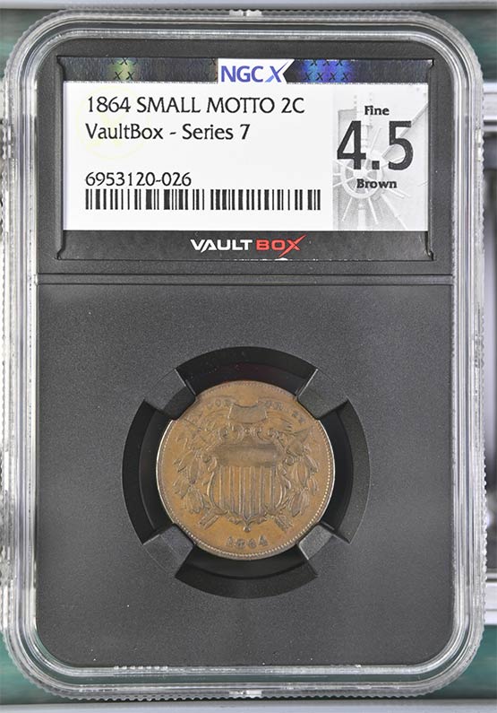 1864 Small Motto Two Cent Piece NGCX Fine 4.5 Brown Front