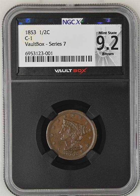 1853 C-1 Braided Hair Half Cent NGCX Mint State 9.2 Brown Front