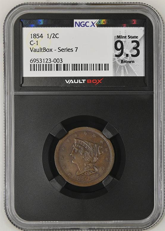 1854 C-1 Braided Hair Half Cent NGCX Mint State 9.3 Brown Front