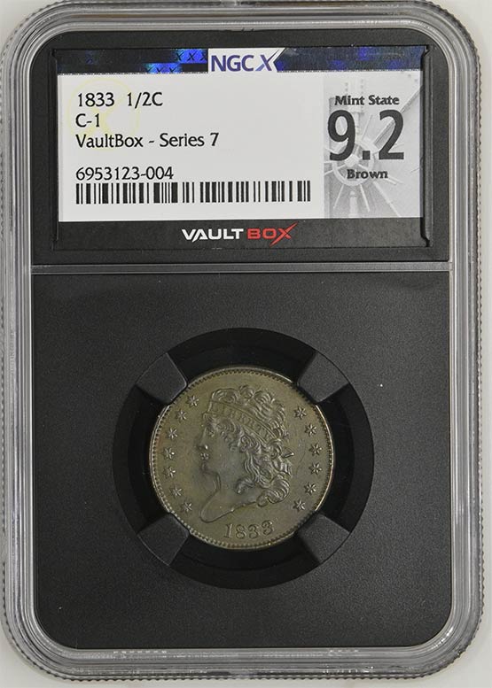 1833 C-1 Classic Head Half Cent NGCX Mint State 9.2 Brown Front