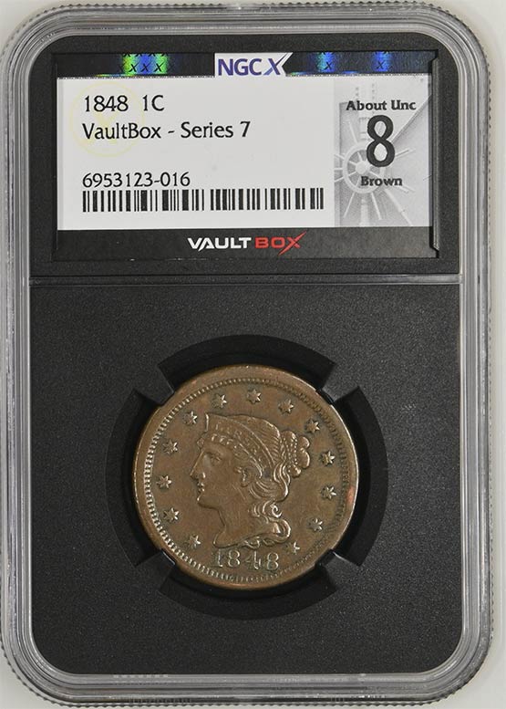 1848 Braided Hair Cent NGCX About Uncirculated 8 Brown Front