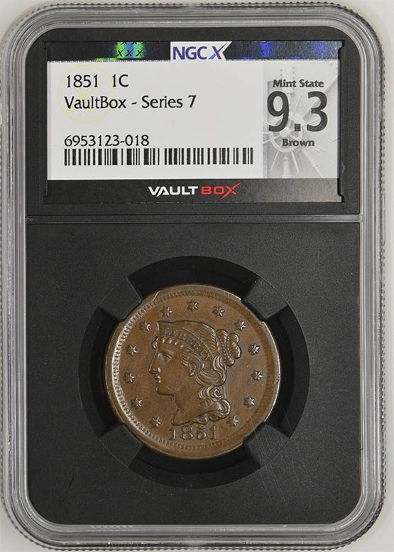 1851 Braided Hair Cent NGCX Mint State 9.3 Brown Front