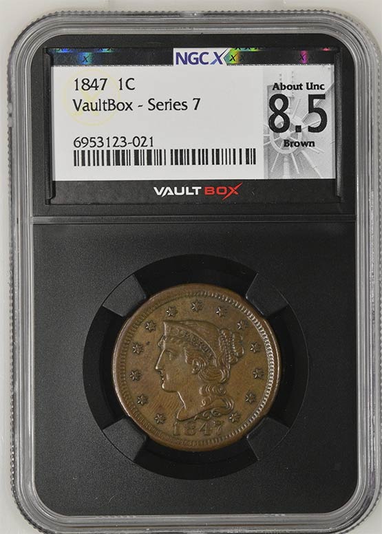 1847 Braided Hair Cent NGCX About Uncirculated 8.5 Brown Front