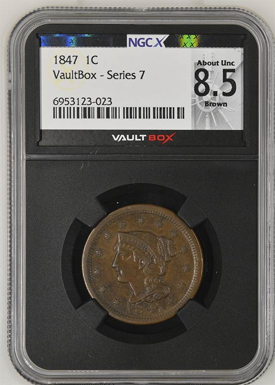 1847 Braided Hair Cent NGCX About Uncirculated 8.5 Brown Front